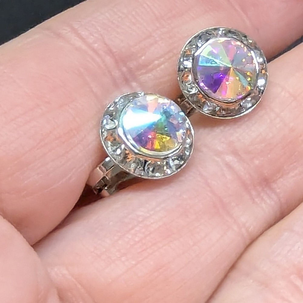 New Clip On Earrings Silver PLated Aurora Borealis AB Crystal Halo Round Wedding